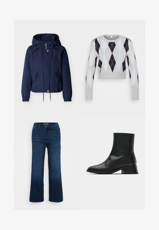 Marineblaue Kapuzenjacke mit Frontreißverschluss, Druckknöpfen, zwei schrägen Klappentaschen, elastischen Bündchen und verstellbarem Kordelzug am Saum.; Hellgrauer, verkürzter Pullover mit einem schwarz und hellblauen Argyle-Muster. Mit langen Ärmeln und einem klassischen Rundhalsausschnitt. Weicher Stoff.; ONLY Petite ONLMADISON BLUSH WIDE - Wide Leg - dark blue denim; Schwarze Ankle Boots aus glänzendem Leder, mit einem eleganten Design, spitzer Zehenpartie und einem moderaten Blockabsatz für Stabilität.