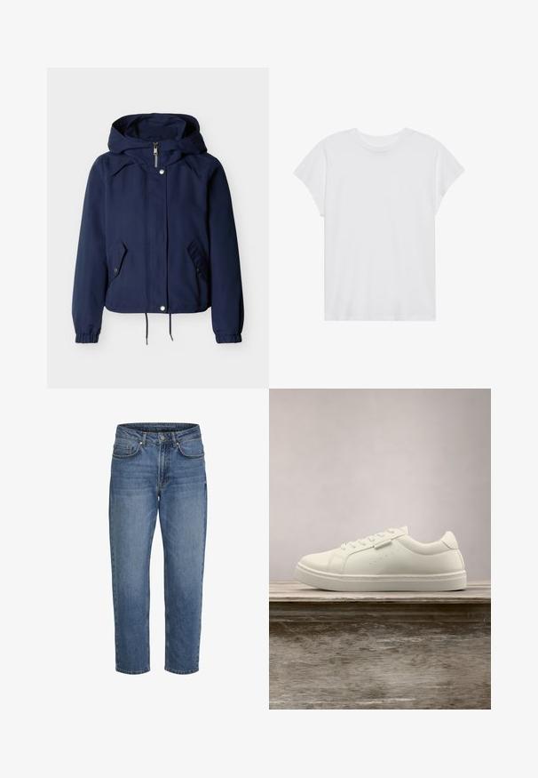 Marineblaue Kapuzenjacke mit Frontreißverschluss, Druckknöpfen, zwei schrägen Klappentaschen, elastischen Bündchen und verstellbarem Kordelzug am Saum.; Weißes kurzärmliges T-Shirt mit Rundhalsausschnitt, lockerer Passform, aus weichem Baumwollstoff. Glatte Textur, keine Muster oder Logos.; Blaue Jeans aus Denim mit geraden Beinen, vorne Knopf- und Reißverschluss sowie vordere und hintere Taschen, vor weißem Hintergrund dargestellt.; Weißer Leder-Sneaker mit Schnürsenkeln schwebt über einer hölzernen Bank, im Hintergrund ist das grüne hohe Gras unscharf zu sehen.