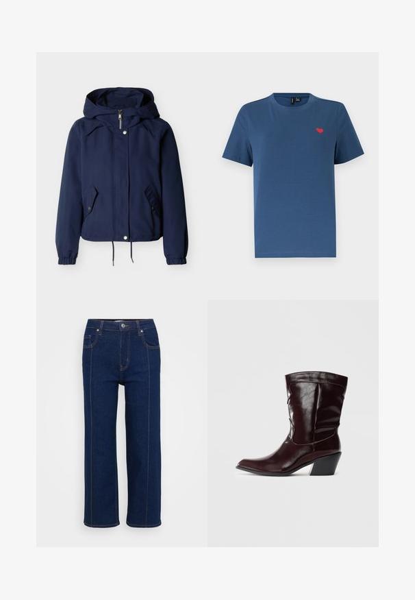 Chaqueta con capucha azul marino con cremallera frontal, botones de presión, dos bolsillos con solapa en ángulo, puños elásticos y dobladillo ajustable con cordón.; Camiseta azul de manga corta con cuello redondo y un pequeño emblema de corazón rojo en el lado izquierdo del pecho, sobre un fondo blanco liso.; Jeans rectos de color azul oscuro con cierre de botón, bolsillos delanteros y traseros, y costuras naranjas visibles a lo largo de las costuras.; Botines de cuero burdeos con punta afilada, superficie texturizada y tacón bajo cónico. Presentan costuras sutiles y un ajuste ceñido.