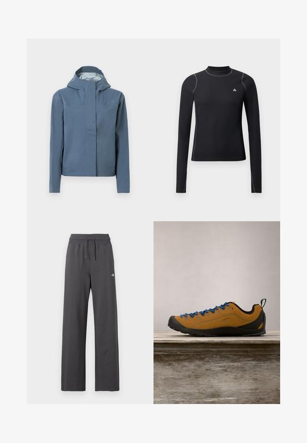 Veste imperméable bleu clair, dotée d'une capuche, d'une fermeture éclair intégrale à l'avant, de deux poches poitrine et d'une texture lisse. Coutures renforcées en accent.; Top noir à manches longues avec un col haut, en tissu texturé, et coutures contrastées. Présente un petit logo sur la poitrine et un design ajusté.; Pantalon de survêtement gris foncé à jambes larges avec taille élastique côtelée et cordon, arborant un petit logo blanc sur la cuisse droite.; Chaussure d'extérieur en suède marron avec des lacets bleus, semelle en caoutchouc noir et un design épuré. Équipée d'une languette à l'arrière pour un enfilage facile.