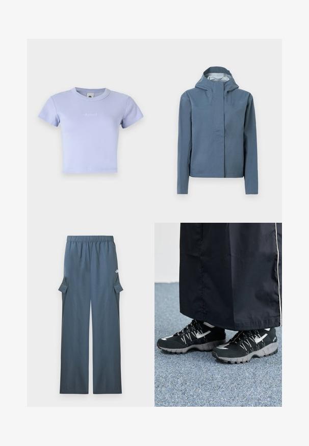 Veste imperméable bleu clair, dotée d'une capuche, d'une fermeture éclair intégrale à l'avant, de deux poches poitrine et d'une texture lisse. Coutures renforcées en accent.; T-shirt court en coton ribcé de couleur violet clair avec des manches courtes et un col rond. Présente un logo brodé subtil sur le devant.; Pantalon cargo bleu marine à jambes larges avec taille élastique et poches à rabat sur les côtés, logo de la marque sur la cuisse supérieure.; Des chaussures de sport noires avec un dessus texturé, des accents argentés et une semelle extérieure à motifs, associées à un long vêtement noir. Présentées sur un tapis bleu.
