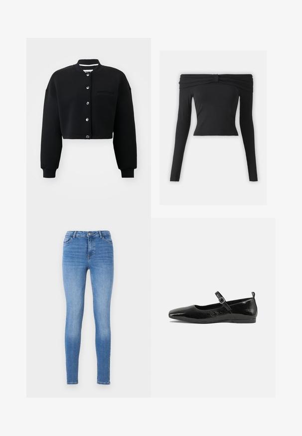 Sort cropped sweatshirt med rund hals, sølvfarvede trykknapper og en forlommek. Lavet af blødt stof med ribbede manchetter.; Sort, off-shoulder langærmet top med en knyttet accent. Tætsiddende, lavet af glat stof med en cropped silhuet. Simpelt og monokromt design.; Slanke jeans i lyseblå denim med mellemhøj talje, fem-pockets design og tonal syning med en glat tekstur.; Sorte patentlæder flade sko med spidse tæer, en ankelrem med spænde og en glat, blank tekstur. Lav hæl for komfort.