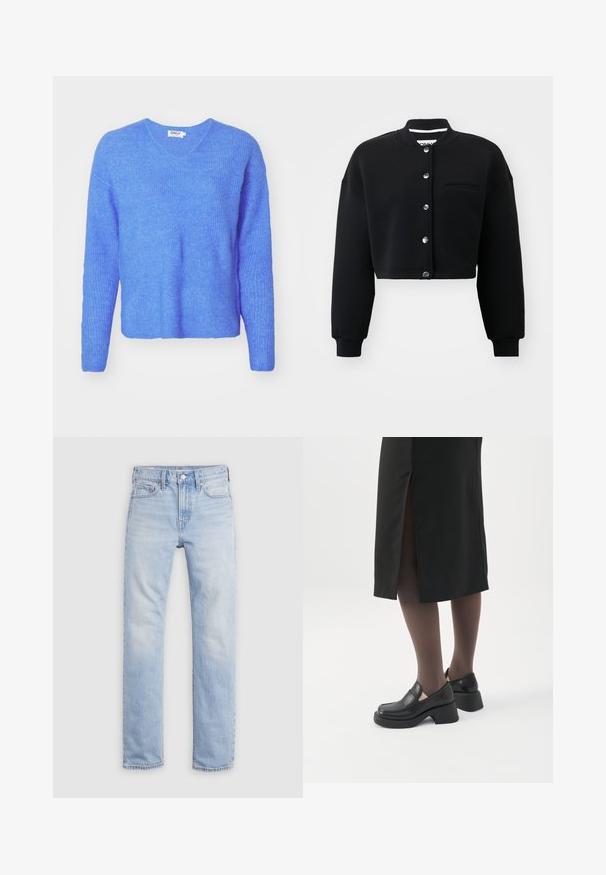 Sort cropped sweatshirt med rund hals, sølvfarvede trykknapper og en forlommek. Lavet af blødt stof med ribbede manchetter.; Blå ribbet striktrøje med V-hals, lange ærmer og en afslappet pasform. Fremstillet af blødt, tekstureret materiale. Etiketten siger "ONLY."; Lyseblå denimjeans med lige ben, knap- og lynlåslukning, design med fem lommer og let falmet stof.; Kvinde iført sorte loafers med chunky hæl, sorte tynde strømpebukser og en sort nederdel med slids bagpå på hvid baggrund.