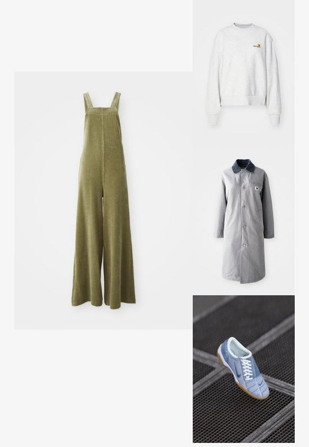 Grau langer Mantel aus strapazierfähigem Stoff mit einem Cordkragen, Vorderknöpfen, zwei Seitentaschen und einer Brusttasche mit einem Logo-Patch.; Olivgrüne Corduroy-Overalls mit weitem Bein, verstellbaren Trägern und einer strukturierten Oberfläche. Einfaches Design, keine sichtbaren Muster oder Beschläge.; Grauer Rundhalsausschnitt-Pullover aus weichem Material mit gerippten Bündchen und Saum; mit gesticktem Logo auf der Brust in Gelb und Kastanienbraun.; Helle blaue Jeans-Sneaker mit weißen Schnürsenkeln und dunkelblauen Akzenten, mit runder Zehenpartie und einer Sohle aus Gummi. Texturierte Oberfläche mit stitchedetails.