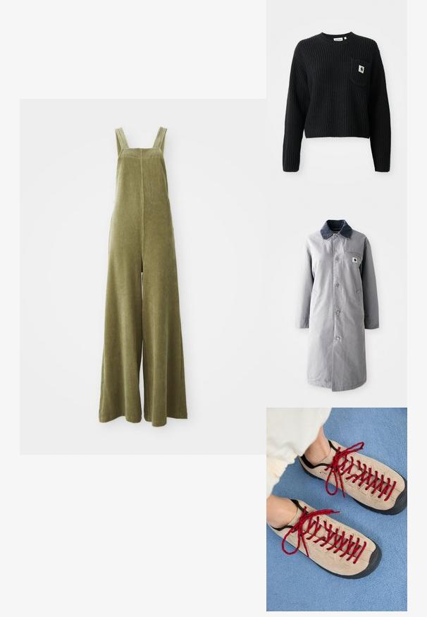 Abrigo largo gris hecho de tela resistente con un collar de pana, botones frontales, dos bolsillos laterales y un bolsillo en el pecho con un parche de logo.; Pantalones de peto de pana verde oliva con piernas anchas, tirantes ajustables y una superficie texturizada. Diseño simple, sin patrones visibles ni herrajes.; Suéter de punto canalé negro con cuello redondo, mangas largas y un bolsillo frontal con un pequeño parche de logo. Longitud corta.; Zapatos beiges con cordones rojos, colocados sobre una superficie texturizada azul, que revelan parcialmente el tobillo de una persona. Los zapatos tienen un diseño deportivo.