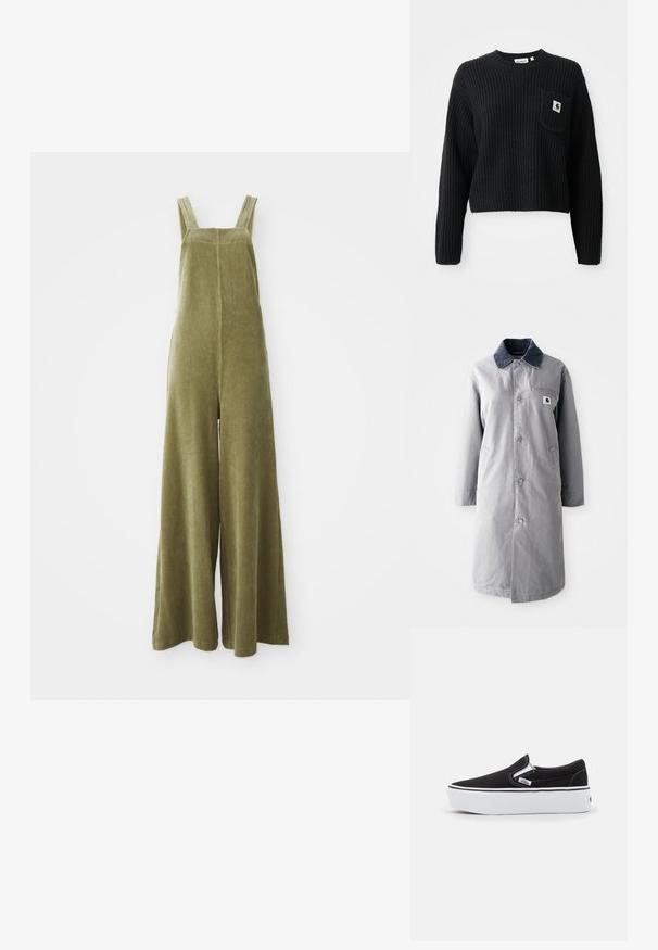 Grijze lange jas van duurzaam materiaal met een corduroy kraag, voorknopsluiting, twee zijzakken en een borstzak met een logo patch.; Olijfgroene corduroy tuinbroeken met brede pijpen, verstelbare bandjes en een gestructureerd oppervlak. Eenvoudig ontwerp, geen zichtbare patronen of hardware.; Zwarte geribbelde gebreide trui met een ronde hals, lange mouwen en een voorzak met een klein logopatch. Verkorte lengte.; Zwarte canvas instapschoen met een witte rubberen zool, voorzien van elastische zijkanten en contrasterende stiksels. Merkenlogo zichtbaar aan de zijkant.
