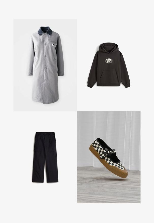 Grå lang frakke lavet af slidstærkt stof med en kord-fløjlskrage, frontknapper, to sidelommer og en brystlomme med et logo-patch.; Sort hættetrøje med frontlomme og hvid Vans-logo i en oval form på brystet, lagt fladt på hvid baggrund.; Sorte cargo bukser med elastisk talje, justerbart bælte og to sidelommer. Fremstillet af et let, struktureret stof.; Sort-hvidternet Mary Jane sneaker med brun gummisål, sort spænde, svævende over et lyst trægulv og hvide gardiner.
