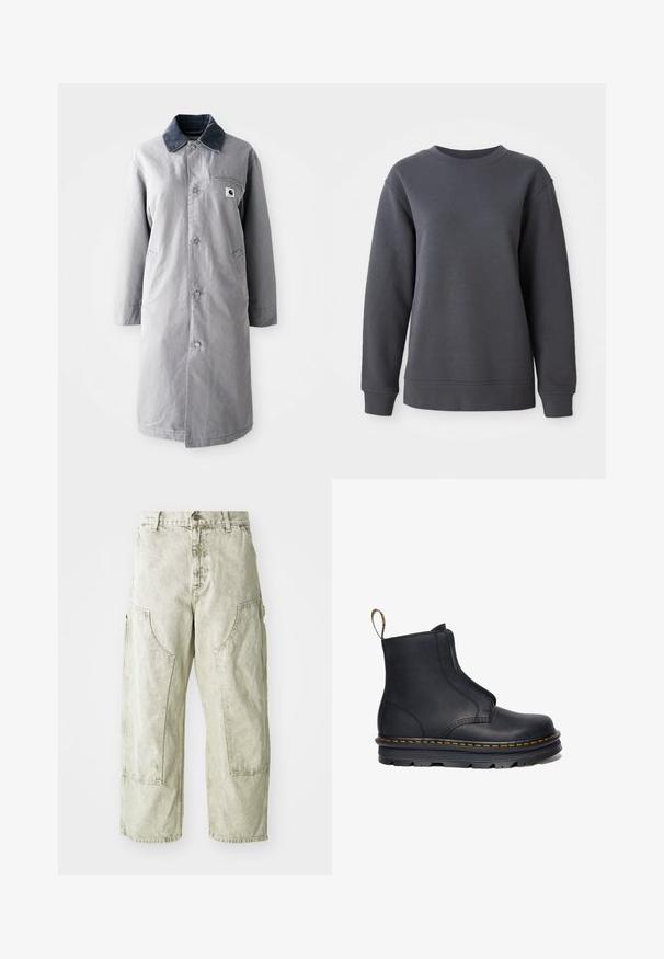 Grå lang frakke lavet af slidstærkt stof med en kord-fløjlskrage, frontknapper, to sidelommer og en brystlomme med et logo-patch.; Grå sweatshirt lavet af tekstureret stof, med rund hals, lange ærmer og ribbede manchetter og kant, i en afslappet pasform.; Lys grønne capribukser i cargo-stil lavet af denim, med store sidelommer, knap- og lynlåslukning samt synlige syninger.; Sort læder ankelstøvle med elastiske sidepaneler, rund tå, kontrasterende gul syning og en kraftig gummisål.