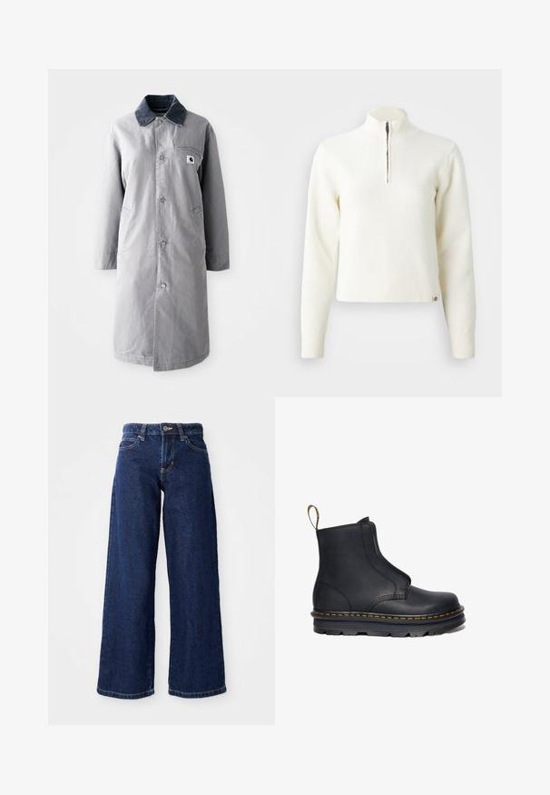 Grijze lange jas van duurzaam materiaal met een corduroy kraag, voorknopsluiting, twee zijzakken en een borstzak met een logo patch.; Witte sweater met ritssluiting en lange mouwen. Gemaakt van een zachte gebreide stof, met ribgebreide boorden en een zoom. Subtiele merklogo aan de zoom.; Donkerblauwe wijde spijkerbroek van denim, met een knoop- en ritssluiting, riemlussen en klassieke vijf-pocketontwerp.; Zwarte leren enkelboot met elastische zijpanelen, ronde neus, contrasterende gele stiksels en een robuuste rubberen zool.