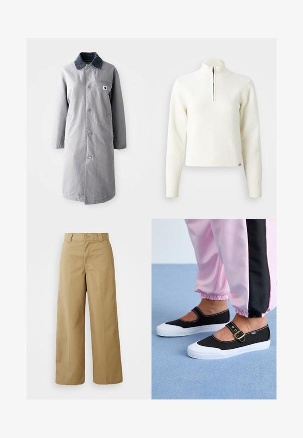Manteau long gris en tissu résistant avec un col en velours côtelé, des boutons devant, deux poches latérales et une poche poitrine avec un patch logo.; Pull-over blanc à col zippé et manches longues. Fabriqué en matériau tricoté doux, avec des poignets et un ourlet côtelés. Logo de la marque subtil à l'ourlet.; Pantalons larges beiges en tissu mélangé coton, avec une fermeture à bouton, des passants de ceinture et des poches avant.; Baskets noires en toile avec une semelle blanche, présentant un design découpé et une sangle en boucle dorée. Portées avec un pantalon de survêtement rose.