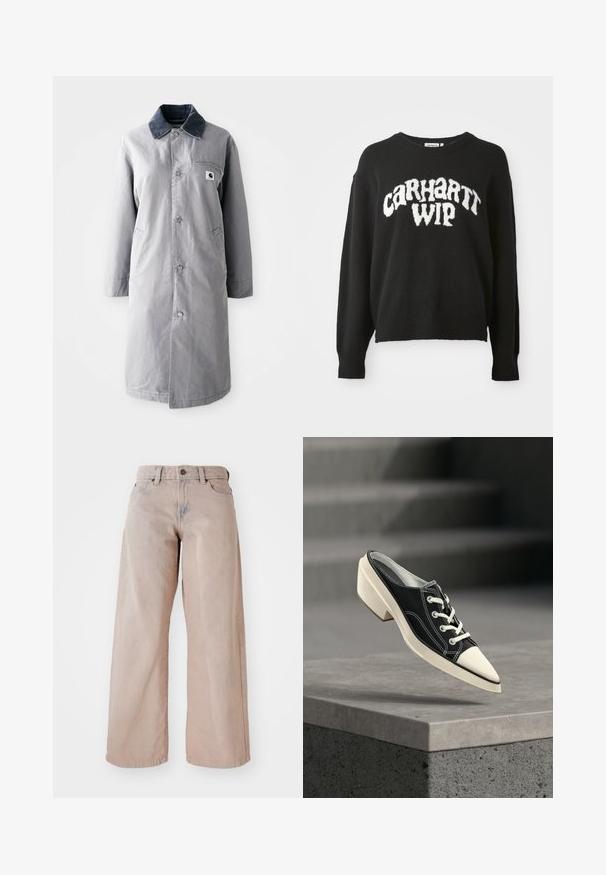 Manteau long gris en tissu résistant avec un col en velours côtelé, des boutons devant, deux poches latérales et une poche poitrine avec un patch logo.; Pull en maille noir avec une coupe décontractée, col rond et logo blanc "CARHARTT WIP" sur le devant. Texture douce, manches longues.; Jean large beige taille haute avec un design à cinq poches et fermeture à bouton. Le tissu a une texture douce et un léger dégradé à l'avant.; Chaussure noire et blanche à petit talon avec lacets, flottant au-dessus d'une surface en béton gris avec des escaliers en arrière-plan.