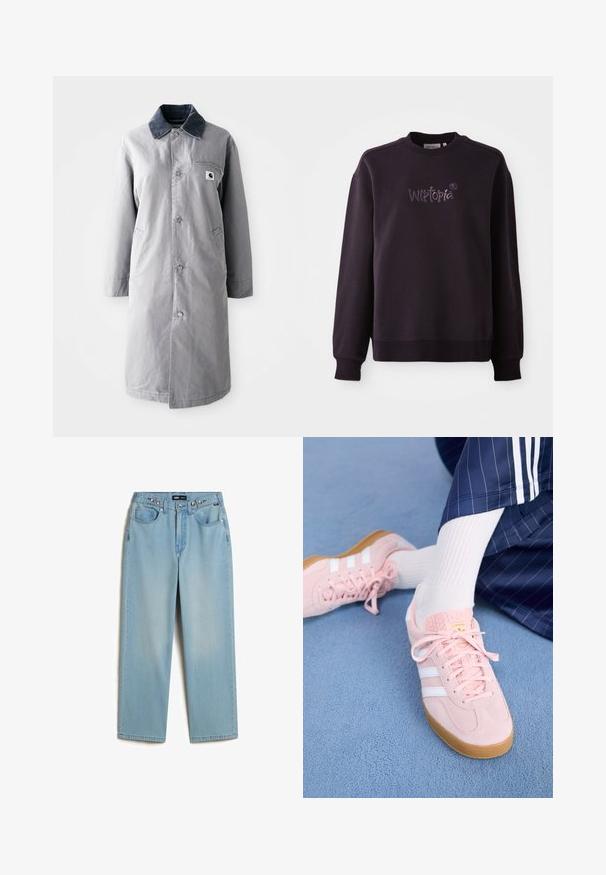 Grau langer Mantel aus strapazierfähigem Stoff mit einem Cordkragen, Vorderknöpfen, zwei Seitentaschen und einer Brusttasche mit einem Logo-Patch.; Schwarzer Sweatshirt aus weichem Stoff, mit Rundhalsausschnitt und gerippten Bündchen. Besticktes "Wistopia"-Logo auf der Vorderseite.; Vans CINCHED CHECK - Baggy Jeans - light stonewash; Hellrosa Wildleder-Sneaker mit weißen Streifen und Schnürsenkeln, ausgestattet mit einer strukturierten Zunge und einer Gummisohle, auf einem blauen Teppich platziert.