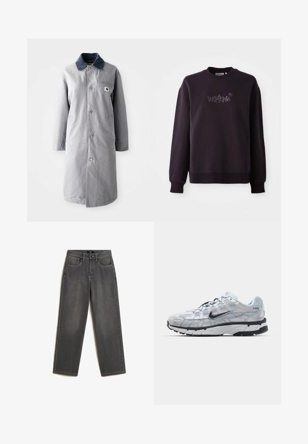 Grå lang frakke lavet af slidstærkt stof med en kord-fløjlskrage, frontknapper, to sidelommer og en brystlomme med et logo-patch.; Sort sweatshirt lavet af blødt stof, med rund hals og ribbede manchetter. Broderet "Wistopia" logo på forsiden.; Grå vidde jeans lavet af denim. Har fem lommer, en frontknap og lynlås lukning, samt subtil fading på stoffet.; Nike P-6000 sneakers med en lys grå mesh overdel, sorte accenter og en holdbar sort gummisål. Har et detaljeret design og snøresystem.