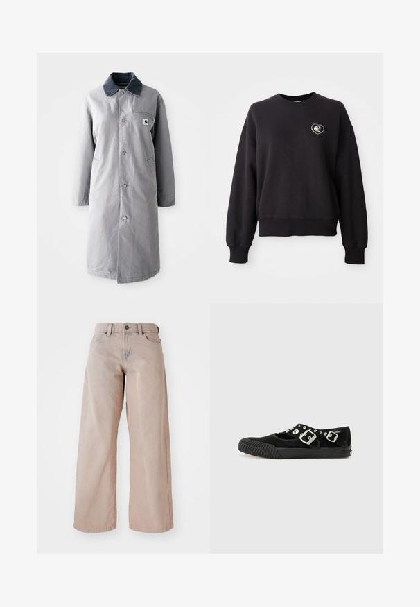 Grå lang frakke lavet af slidstærkt stof med en kord-fløjlskrage, frontknapper, to sidelommer og en brystlomme med et logo-patch.; Sort sweatshirt lavet af en bomuldsblanding, med rund halsudskæring, lange ærmer og et hjerteformet broderet patch på brystet.; Beige vidde jeans med høj talje, fem-lomme design og knaplukning. Stoffet har en blød tekstur og en let falmning foran.; Vans MARY JANE - Ballerinasko - black