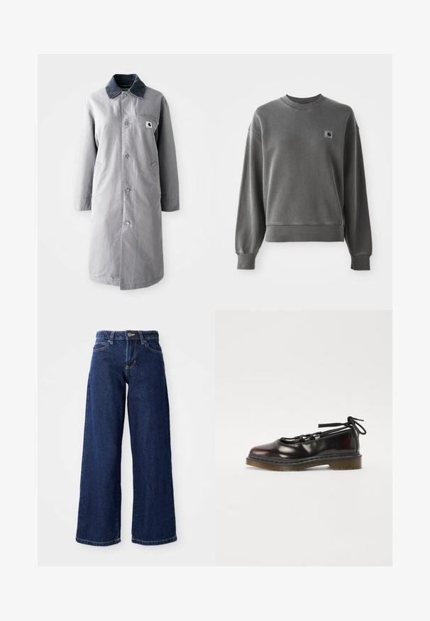 Grå lang frakke lavet af slidstærkt stof med en kord-fløjlskrage, frontknapper, to sidelommer og en brystlomme med et logo-patch.; Grå pullover sweatshirt lavet af glat bomuldsblanding, med rund hals, ribbede manchetter og et lille logopatch på venstre bryst.; Mørkeblå vide jeans lavet af denim, med knap- og lynlåslukning, bæltesløjfer og klassisk fem-lomme design.; Blanketing mørkerød sko med rund tå, snørebåndsdesign, gummisål og sorte snørebånd, med sølvhardware og synede kanter.