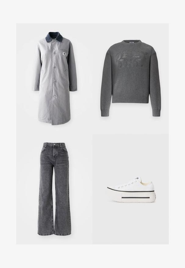 Grau langer Mantel aus strapazierfähigem Stoff mit einem Cordkragen, Vorderknöpfen, zwei Seitentaschen und einer Brusttasche mit einem Logo-Patch.; Grauer langärmeliger Strickpullover mit gerippten Bündchen und Saum, der erhabenen Stricktext "OBEY INT." quer über der Brust zeigt.; Weit geschnittene graue Denim-Hosen mit hoher Taille, die über die klassische Fünf-Taschen-Optik verfügen und ein dezentes, ausgewaschenes Finish aufweisen.; Weiße Canvas-Plattform-Sneaker mit schwarzer Gummisohle, runder Zehenkappe und Metallösen, die ein einfaches, klares Design aufweisen.