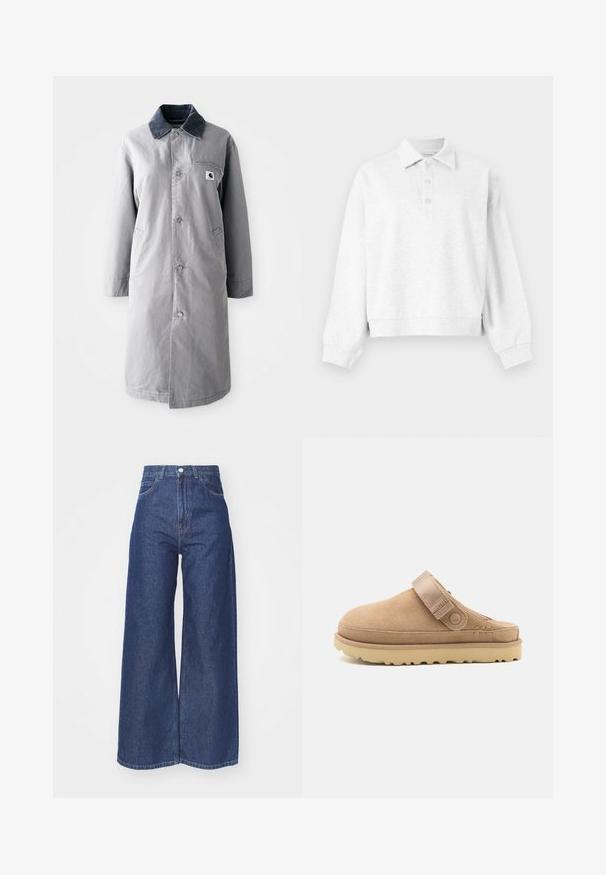 Abrigo largo gris hecho de tela resistente con un collar de pana, botones frontales, dos bolsillos laterales y un bolsillo en el pecho con un parche de logo.; Jersey de manga larga color gris claro con cuello y tres botones en la tapeta, puños acanalados y un dobladillo ligeramente cropado.; Jeans de pierna ancha hechos de denim azul oscuro. Diseño de altura alta con cremallera y cierre de botón. Cuenta con el estilo clásico de cinco bolsillos y bordes rematados.; Zueco de ante en beige con parte superior texturizada, correa ajustable y una suela de goma robusta con un patrón de tacos para un mejor agarre.