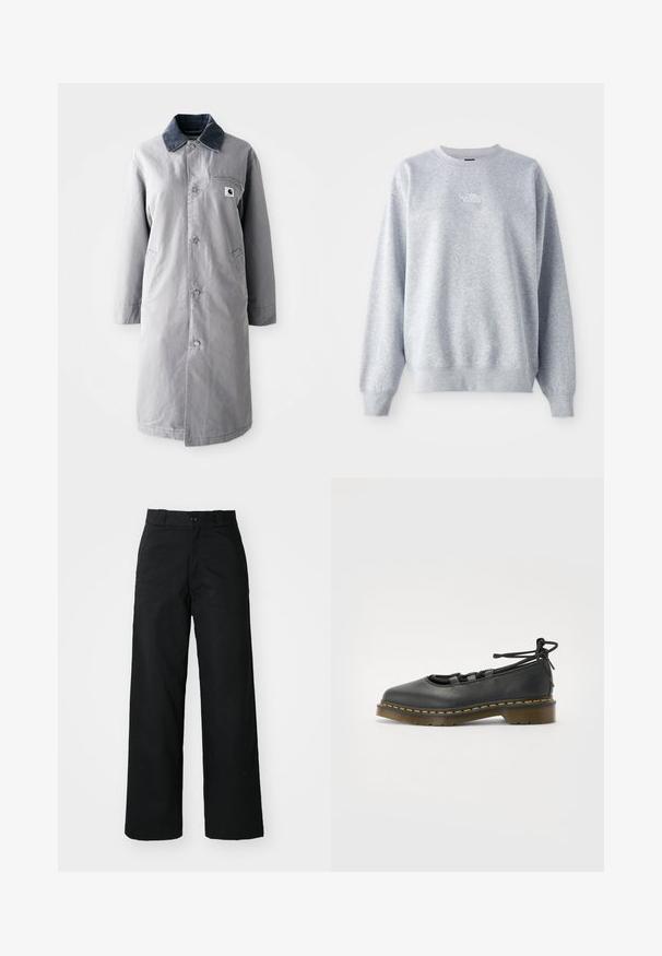 Grijze lange jas van duurzaam materiaal met een corduroy kraag, voorknopsluiting, twee zijzakken en een borstzak met een logo patch.; Grijze sweatshirt met lange mouwen, ronde halslijn, ribgebreide boorden en zoom. Bevat een klein wit logo op de borst. Gemaakt van een katoenmix.; Zwarte wijde broek met een vlakke voorkant, knoopsluiting en riemlussen. Gemaakt van stevige stof met een gladde textuur.; Zwarte leren schoen met een ronde neus, lage hak, vetersluiting en gele stiksels langs de zool. Soepele textuur met een matte afwerking.