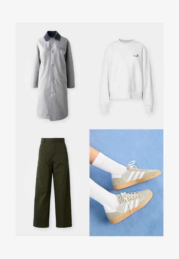 Harmaa pitkä takki, joka on valmistettu kestävästä kankaasta. Takissa on corduroy-kaulus, edessä napit, kaksi sivutaskua ja rintatasku, jossa on logopatch.; Harmaa pyöreäkauluksinen collegepaita pehmeästä kankaasta, jossa on ribbaus hihansuissa ja helmoissa; edessä keltaisella ja maroonilla brodeerattu logo.; Oliivinvihreät, leveälahkeiset housut, jotka on valmistettu kestävästä puuvillasta. Mukana napitettava sulku, vyölenkki ja suora leikkaus ilman näkyviä kuvioita.; Vaaleat harmaat mokkanahkaiset lenkkarit, joissa on valkoisia kumikoristeita, kolmonen valkoista raitaa ja kumipohja. Lenkkarit on yhdistetty valkoisiin sukkiin sinisellä taustalla.