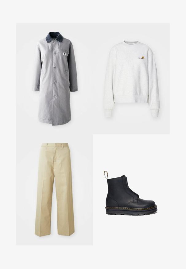 Grijze lange jas van duurzaam materiaal met een corduroy kraag, voorknopsluiting, twee zijzakken en een borstzak met een logo patch.; Grijze crewneck sweatshirt van een zachte stof met geribbelde manchetten en onderrand; voorzien van een geborduurd logo op de borst in geel en bordeauxrood.; Beige wijde broek gemaakt van katoen met een gladde textuur. Heeft een rechte snit, riemlussen en voorkleurige zakken.; Zwarte leren enkelboot met elastische zijpanelen, ronde neus, contrasterende gele stiksels en een robuuste rubberen zool.