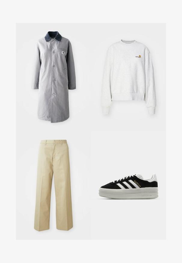 Grå lang frakke lavet af slidstærkt stof med en kord-fløjlskrage, frontknapper, to sidelommer og en brystlomme med et logo-patch.; Grå crew-neck sweatshirt i et blødt stof med ribbede manchetter og kant; har broderet logo på brystet i gul og mørkerød.; Beige vide bukser lavet af bomuld med en glat tekstur. Har en lige pasform, bæltestropper og skrå lommer.; Sort ruskind sneaker med hvide læderdetaljer, tre hvide striber, flade snørebånd og en tyk grå platformsål. Guldfarvet "Gazelle" branding.
