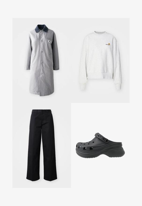 Grå lang frakke lavet af slidstærkt stof med en kord-fløjlskrage, frontknapper, to sidelommer og en brystlomme med et logo-patch.; Grå crew-neck sweatshirt i et blødt stof med ribbede manchetter og kant; har broderet logo på brystet i gul og mørkerød.; Sorte brede bukser lavet af blødt bomuldsstof. Har en klassisk talje, sidelommer og en lige skæring til kanten.; Sort klipklap med perforerede sidehuller, lavet af et letvægts plastmateriale. Har en bagrem og en struktureret sål.