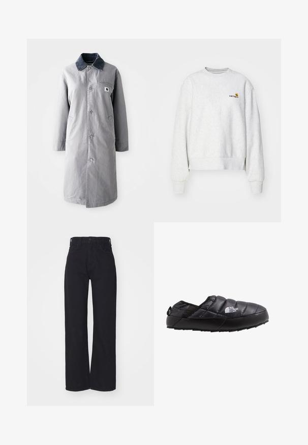Grau langer Mantel aus strapazierfähigem Stoff mit einem Cordkragen, Vorderknöpfen, zwei Seitentaschen und einer Brusttasche mit einem Logo-Patch.; Grauer Rundhalsausschnitt-Pullover aus weichem Material mit gerippten Bündchen und Saum; mit gesticktem Logo auf der Brust in Gelb und Kastanienbraun.; Schwarze hochgeschnittene weite Jeans mit Knopf- und Reißverschluss vorne, Gürtelschlaufen und zwei Vordertaschen auf weißem Hintergrund.; Schwarze isolierte Slipperschuh mit gestepptem Obermaterial, Gummisohle und strukturierten Details. Verfügt über eine Zuglasche an der Ferse und Branding an der Seite.