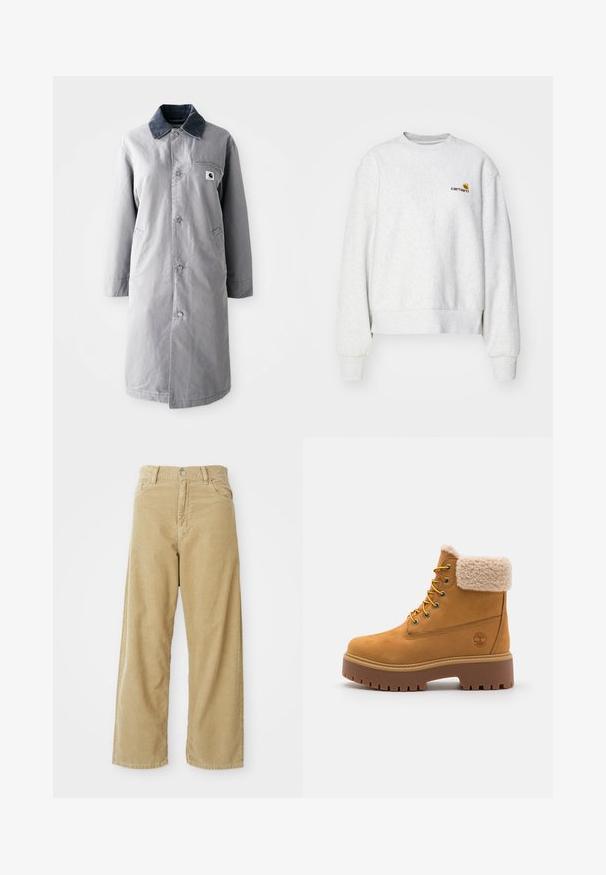 Grå lang frakke lavet af slidstærkt stof med en kord-fløjlskrage, frontknapper, to sidelommer og en brystlomme med et logo-patch.; Grå crew-neck sweatshirt i et blødt stof med ribbede manchetter og kant; har broderet logo på brystet i gul og mørkerød.; Beige fløjl bukser med høj talje, brede ben, forlommer og en enkelt metalknaplukning. Blød tekstur med subtile ribbede detaljer.; Tan ruskindsstøvle med en kunstig pelskrave, gyldne øjer og en kontrasterende gummisål. Har et logo på siden og struktureret sål.
