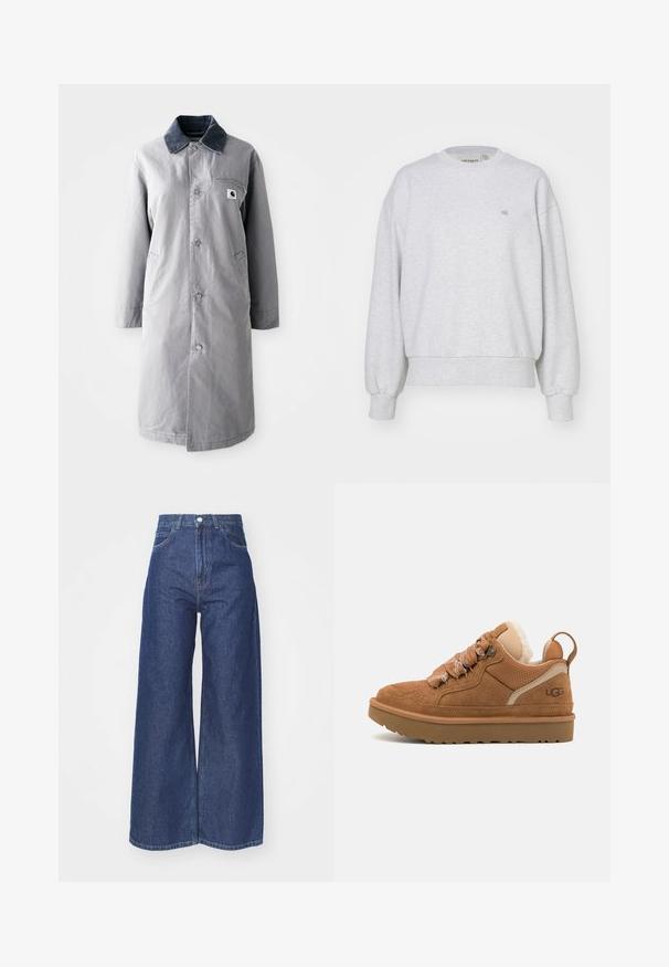 Manteau long gris en tissu résistant avec un col en velours côtelé, des boutons devant, deux poches latérales et une poche poitrine avec un patch logo.; Carhartt WIP CASEY - Sweatshirt - ash heather/silver; Jean large en denim bleu foncé. Conception taille haute avec fermeture éclair et bouton. Présente une coupe classique à cinq poches et des bords ourlés.; Baskets en suède marron avec des accents en mesh, des lacets texturés et une semelle en caoutchouc ; comportent un col rembourré et une languette à l'arrière.