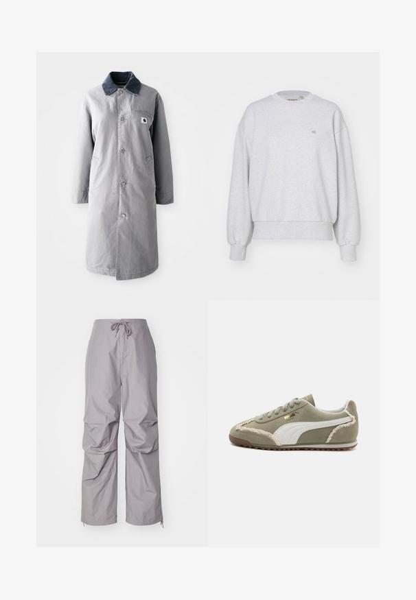 Grå lang frakke lavet af slidstærkt stof med en kord-fløjlskrage, frontknapper, to sidelommer og en brystlomme med et logo-patch.; Carhartt WIP CASEY - Sweatshirt - ash heather/silver; Grå, løstsiddende bukser lavet af letvægtigt stof, med snøre i taljen og tapered ærmer med lynlåse. Tekstureret finish.; Grønne ruskind sneakers med hvide læderdetaljer, struktureret syning, snørelukning og gummisål. Har unikke designfunktioner langs siderne.