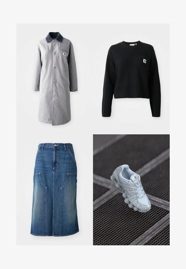Grå lang frakke lavet af slidstærkt stof med en kord-fløjlskrage, frontknapper, to sidelommer og en brystlomme med et logo-patch.; Sort ribbenstrikket sweater med rund hals, lange ærmer og en frontlomme med et lille logo patch. Forkortet længde.; Blå denimnederdel med lige snit, forlommer og en talje med knaplukning, prydet med en falmet tekstur og sømdetaljer.; Lyseblå træningssko med en tekstureret overdel, der har en rund sål med cylindriske elementer og et fremtrædende logo på tungen.