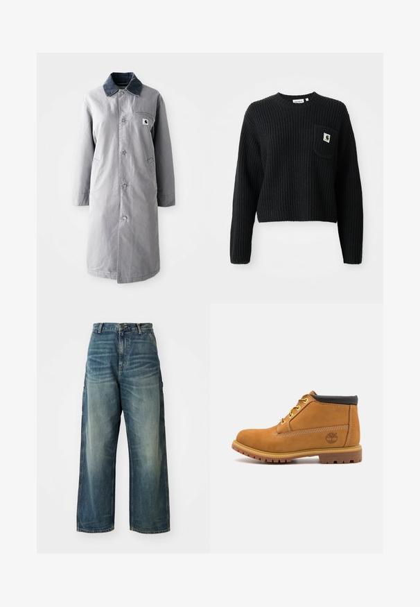 Manteau long gris en tissu résistant avec un col en velours côtelé, des boutons devant, deux poches latérales et une poche poitrine avec un patch logo.; Pull en maille côtelée noir avec un col rond, des manches longues et une poche avant arborant un petit patch logo. Longueur cropped.; Jean en denim à jambes larges en délavé bleu. Présente une fermeture à bouton, cinq poches et des coutures visibles. Le matériau a une texture lisse.; Bottine en suede tan avec col rembourré noir, œillets jaunes et semelle en caoutchouc texturé. Présente un logo imprimé sur le côté.