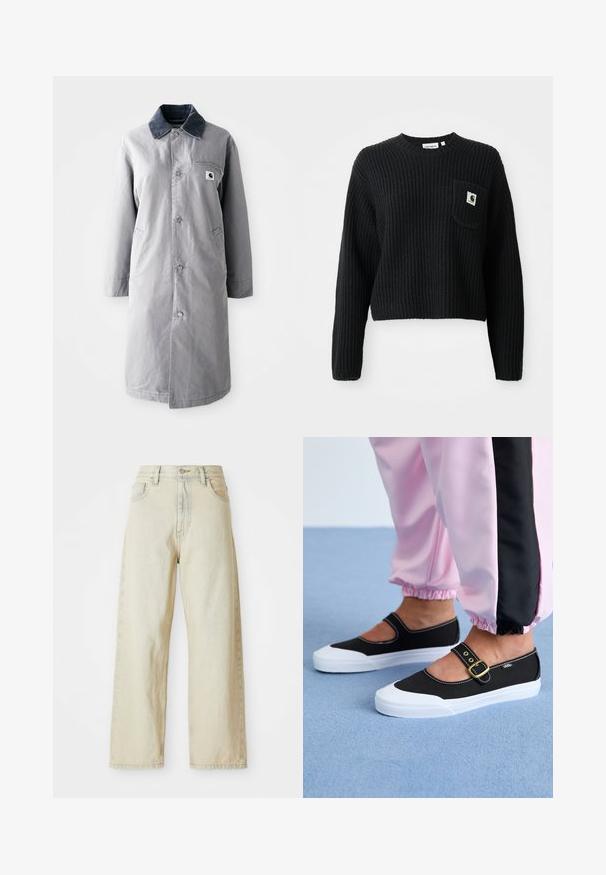 Grå lang frakke lavet af slidstærkt stof med en kord-fløjlskrage, frontknapper, to sidelommer og en brystlomme med et logo-patch.; Sort ribbenstrikket sweater med rund hals, lange ærmer og en frontlomme med et lille logo patch. Forkortet længde.; Løse denimjeans i en lys beige nuance med forlommer, høj talje og subtile syninger. Fremstillet af struktureret denimstof.; Sorte lærredssko med en hvid sål, der har et udskæringsdesign og et guldspænde. Bæret med lyserøde træningsbukser.