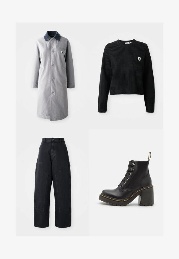 Manteau long gris en tissu résistant avec un col en velours côtelé, des boutons devant, deux poches latérales et une poche poitrine avec un patch logo.; Pull en maille côtelée noir avec un col rond, des manches longues et une poche avant arborant un petit patch logo. Longueur cropped.; Pantalons cargo larges en denim noir à taille haute, avec deux grandes poches avant et une fermeture à bouton à la taille. Texture lisse, design décontracté.; Bottine en cuir noir avec un talon haut chunky, un laçage à l'avant, des œillets en métal et une couture jaune le long de la semelle. Semelle en caoutchouc texturé.