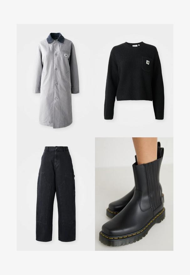 Grå lang frakke lavet af slidstærkt stof med en kord-fløjlskrage, frontknapper, to sidelommer og en brystlomme med et logo-patch.; Sort ribbenstrikket sweater med rund hals, lange ærmer og en frontlomme med et lille logo patch. Forkortet længde.; Sorte denim cargo bukser med vidde og høj talje, to store forlommer og knaplukning i taljen. Glat tekstur, casual design.; Sorte ankelstøvler med en glat, mat overflade. Har lodret syning, en kraftig sål med gul syning og en trækflig bagpå.