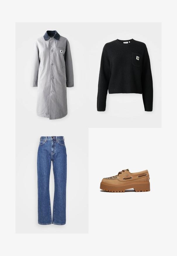 Hallikate pikk jakk, mis on valmistatud vastupidavast kangast ja millel on korduroo krae, esiklahvid, kaks küljetaskut ja üks rinnatasku, millel on logopatch.; Musthave mustriba kootud sviiter, millel on ümmargune kaelus, pikad varrukad ja eesmine tasku, millel on väike logoäpp. Lühendatud pikkus.; Sinine denim kangas, laia jala lõikega, kõrge talje, kontrastsed õmblused ja klassikaline viie tasku disain. Tekstureeritud kangas sujuva viimistlusega.; Timberland STONE STREET - Purjetamiskingad - medium beige