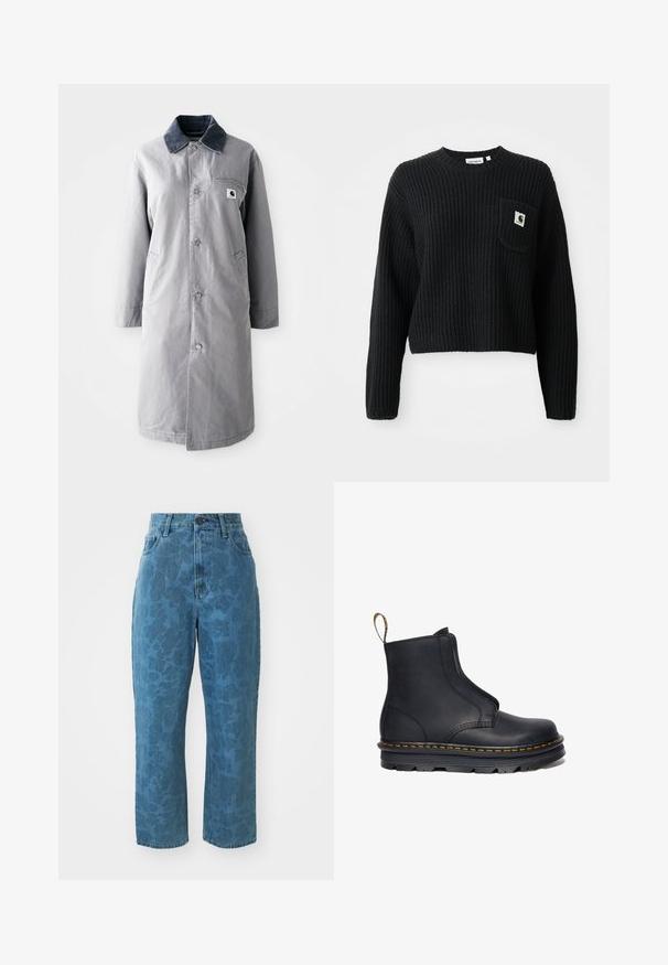 Grau langer Mantel aus strapazierfähigem Stoff mit einem Cordkragen, Vorderknöpfen, zwei Seitentaschen und einer Brusttasche mit einem Logo-Patch.; Schwarzer gerippter Strickpullover mit rundem Ausschnitt, langen Ärmeln und einer Fronttasche mit einem kleinen Logopatch. Verkürzte Länge.; Hellblaue Jeans aus Denim mit subtiler gemusterter Textur, hoher Taille und geradem Bein. Mit einem vorderen Knopf- und Reißverschluss.; Schwarze Leder-Stiefelette mit elastischen seitlichen Einsätzen, runder Zehenform, kontrastierenden gelben Nähten und einer robusten Gummisohle.