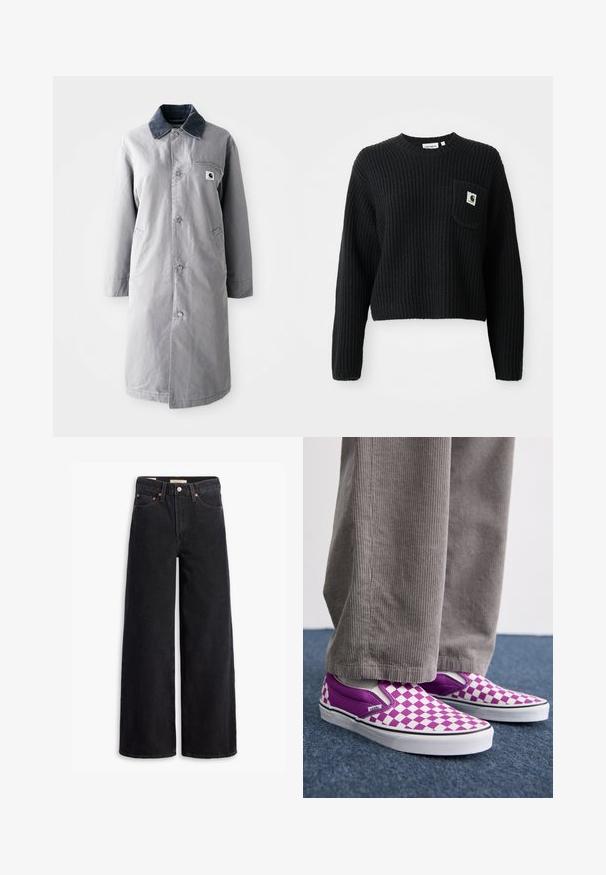 Grijze lange jas van duurzaam materiaal met een corduroy kraag, voorknopsluiting, twee zijzakken en een borstzak met een logo patch.; Zwarte geribbelde gebreide trui met een ronde hals, lange mouwen en een voorzak met een klein logopatch. Verkorte lengte.; Zwarte brede jeans gemaakt van denim, met vijf zakken, koperen klinknagels en een klassieke knoopsluiting. Glad van textuur met een strakke uitstraling.; Paarse en witte schaakbord slip-on Vans schoenen, met een glad oppervlak en contrasterende zwarte rand, gecombineerd met een grijze corduroy broek.