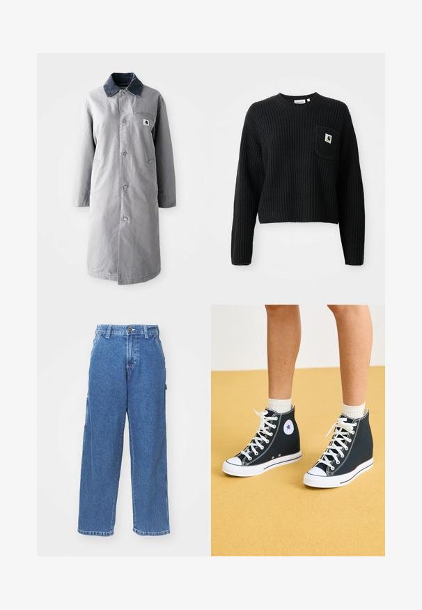 Grå lang frakke lavet af slidstærkt stof med en kord-fløjlskrage, frontknapper, to sidelommer og en brystlomme med et logo-patch.; Sort ribbenstrikket sweater med rund hals, lange ærmer og en frontlomme med et lille logo patch. Forkortet længde.; Blå denim wide-leg bukser med høj talje, knaplukning og sidelommer. Bleget vask med en blød tekstur og lige snit.; Høje sneakers i mørkeblåt kanvas med hvide gummisåler, snørebånd og detaljer. Har et rundt logo og hvide syninger.