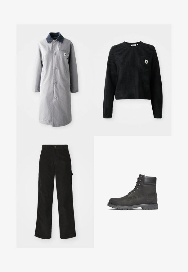 Grau langer Mantel aus strapazierfähigem Stoff mit einem Cordkragen, Vorderknöpfen, zwei Seitentaschen und einer Brusttasche mit einem Logo-Patch.; Schwarzer gerippter Strickpullover mit rundem Ausschnitt, langen Ärmeln und einer Fronttasche mit einem kleinen Logopatch. Verkürzte Länge.; Schwarze Cordhosen mit geradem Schnitt, ausgestattet mit einem Knopfverschluss und einer Seitenlasche. Glatte Textur mit feinen verticalen Streifen.; Schwarze Leder-Ankle-Boots mit runder Spitze, Schnürung auf der Vorderseite, gepolstertem Schaft und strukturiertem Gummisohle. Mit einem eingeprägten Logo an der Seite.