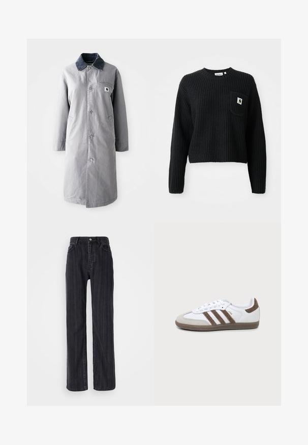 Manteau long gris en tissu résistant avec un col en velours côtelé, des boutons devant, deux poches latérales et une poche poitrine avec un patch logo.; Pull en maille côtelée noir avec un col rond, des manches longues et une poche avant arborant un petit patch logo. Longueur cropped.; Jean en denim noir taille haute avec un motif rayé vertical, coupe droite et fermeture à bouton métallique à l'avant.; Basket Adidas Samba blanche et marron avec trois bandes marron, lacets et semelle texturée, vue de côté sur fond uni.