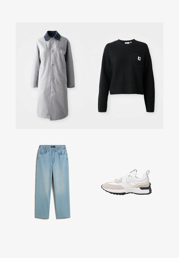 Grå lang frakke lavet af slidstærkt stof med en kord-fløjlskrage, frontknapper, to sidelommer og en brystlomme med et logo-patch.; Sort ribbenstrikket sweater med rund hals, lange ærmer og en frontlomme med et lille logo patch. Forkortet længde.; Vans CINCHED CHECK - Baggy jeans - light stonewash; Hvid og beige sneaker med ruskind og mesh-materialer, teksturerede detaljer, en rundet tå og en gummisål. Har logo på siden.