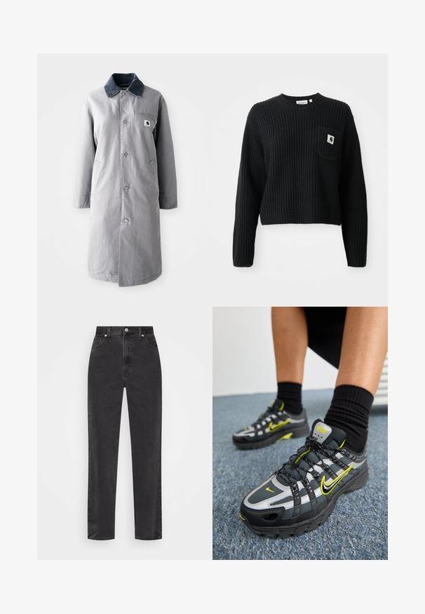 Grau langer Mantel aus strapazierfähigem Stoff mit einem Cordkragen, Vorderknöpfen, zwei Seitentaschen und einer Brusttasche mit einem Logo-Patch.; Schwarzer gerippter Strickpullover mit rundem Ausschnitt, langen Ärmeln und einer Fronttasche mit einem kleinen Logopatch. Verkürzte Länge.; Schwarze Denim-Jeans mit geradem Bein, hoher Taille, vorderem Knopf und Reißverschluss sowie fünf Taschen auf weißem Hintergrund.; Schwarze und graue Sportschuhe mit reflektierenden silbernen Akzenten, strukturierten Mesh-Panels und leuchtend gelben Details. Schnürdesign mit strukturierter Sohle.