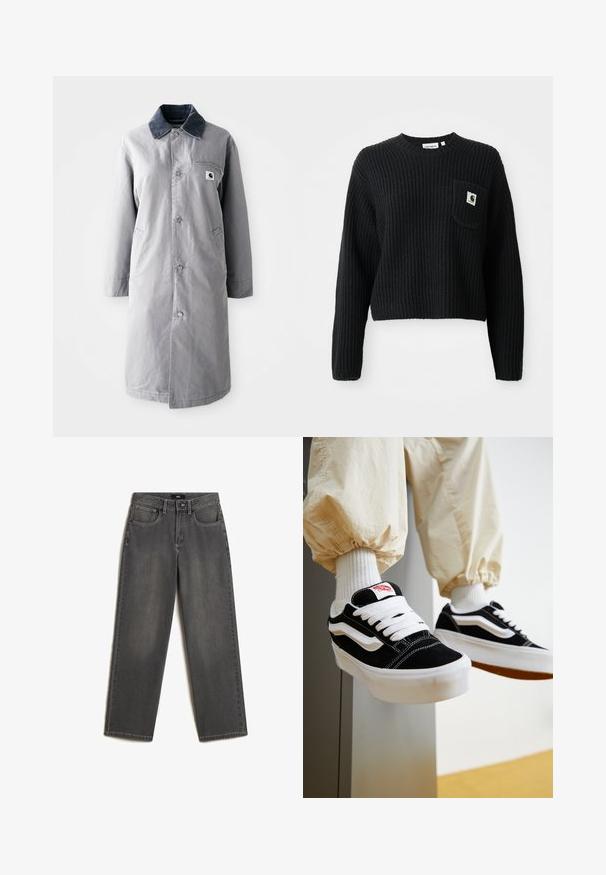 Grå lang frakke lavet af slidstærkt stof med en kord-fløjlskrage, frontknapper, to sidelommer og en brystlomme med et logo-patch.; Sort ribbenstrikket sweater med rund hals, lange ærmer og en frontlomme med et lille logo patch. Forkortet længde.; Grå vidde jeans lavet af denim. Har fem lommer, en frontknap og lynlås lukning, samt subtil fading på stoffet.; Person iført sorte og hvide Vans sneakers med hvide snørebånd, hvide sokker og beige bukser med elastiske manchetter.