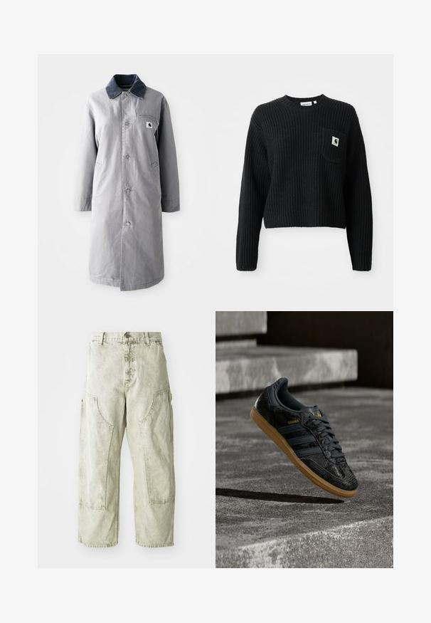 Grijze lange jas van duurzaam materiaal met een corduroy kraag, voorknopsluiting, twee zijzakken en een borstzak met een logo patch.; Zwarte geribbelde gebreide trui met een ronde hals, lange mouwen en een voorzak met een klein logopatch. Verkorte lengte.; Lichtgroene wijd gesneden cargobroek van denim, met grote zijzakken, een knoop- en ritsluiting en zichtbare stikdetails.; Zwarte Adidas Samba sneaker met een gestructureerd patroon, gumzool en gouden logo, zwevend boven betonnen trappen.