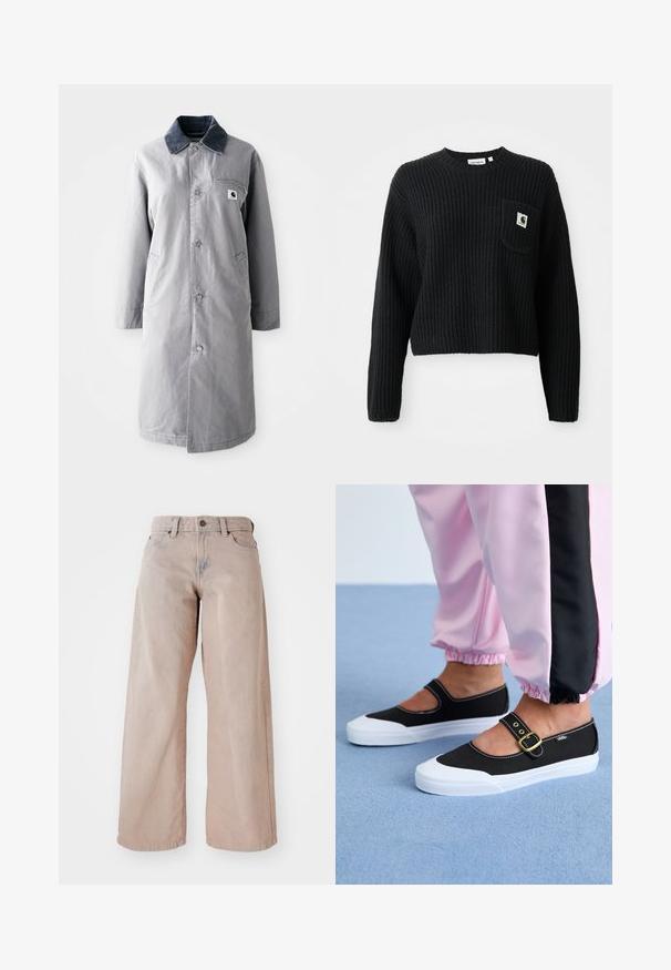 Grau langer Mantel aus strapazierfähigem Stoff mit einem Cordkragen, Vorderknöpfen, zwei Seitentaschen und einer Brusttasche mit einem Logo-Patch.; Schwarzer gerippter Strickpullover mit rundem Ausschnitt, langen Ärmeln und einer Fronttasche mit einem kleinen Logopatch. Verkürzte Länge.; Beige weit geschnittene Jeans mit hohem Bund, Fünf-Taschen-Design und Knopfverschluss. Der Stoff hat eine weiche Textur und eine leichte Ausbleichung an der Vorderseite.; Schwarze Leinenschuhe mit einer weißen Sohle, die ein Ausschnittdesign und einen goldenen Schnallenriegel aufweisen. Getragen mit rosa Sporthosen.
