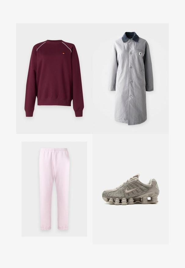 Grå lang frakke lavet af slidstærkt stof med en kord-fløjlskrage, frontknapper, to sidelommer og en brystlomme med et logo-patch.; Bordeaux sweatshirt lavet af blødt stof, med hvid piping langs skuldrene og et lille broderet logo på brystet. Regular fit.; Lys lyserøde sweatpants med elastisk talje og kantede ankler, vist fladt på en hvid baggrund.; Lysebeige Nike Shox sneaker med synligt søjleformet støddæmpende sål og mesh-detaljer på overdelen.