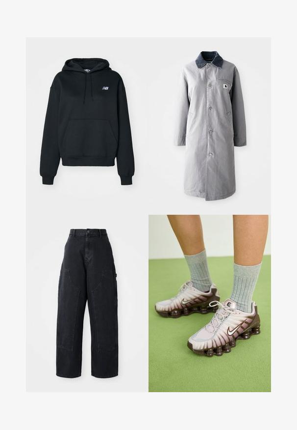 Abrigo largo gris hecho de tela resistente con un collar de pana, botones frontales, dos bolsillos laterales y un bolsillo en el pecho con un parche de logo.; Sudadera negra de mezcla de algodón, con bolsillo tipo canguro, capucha con cordón y logo bordado en el lado izquierdo del pecho.; Pantalones cargo de denim negro de pierna ancha con cintura alta, dos grandes bolsillos frontales y cierre de botón en la cintura. Textura suave, diseño casual.; Zapatillas Nike en rosa claro y marrón, con un upper texturizado, diseño en capas y suela con amortiguación que incluye unidades de aire visibles.