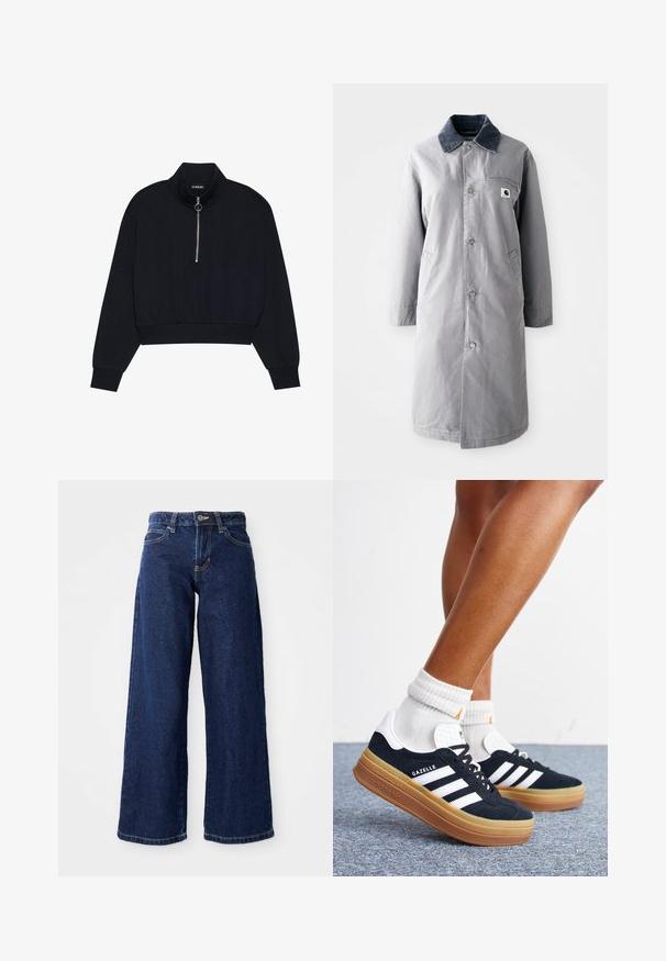 Grau langer Mantel aus strapazierfähigem Stoff mit einem Cordkragen, Vorderknöpfen, zwei Seitentaschen und einer Brusttasche mit einem Logo-Patch.; Schwarzer, verkürzter Pullover aus weichem Stoff mit hohem Kragen, einem Frontreißverschluss mit silbernem Zug und gerippten Bündchen und Saum.; Dunkelblaue weit geschnittene Jeans aus Denim, mit einem Knopf- und Reißverschluss, Gürtelschlaufen und klassischem Fünf-Taschen-Design.; Beine mit weißen Socken und schwarzen Adidas Gazelle Sneakers mit weißen Streifen und dicken braunen Sohlen auf einem grauen Teppichboden.