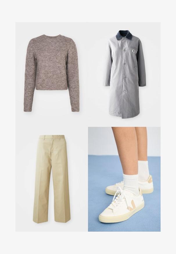 Grijze lange jas van duurzaam materiaal met een corduroy kraag, voorknopsluiting, twee zijzakken en een borstzak met een logo patch.; Lichtbruin, cropped trui met lange mouwen, ronde halslijn en een gestructureerd breiwerk. Geen zichtbare patronen of hardware-details.; Beige wijde broek gemaakt van katoen met een gladde textuur. Heeft een rechte snit, riemlussen en voorkleurige zakken.; Witte sneakers met tan accenten, ronde neus en witte veters. Draag met geribbelde witte sokken, tegen een lichtblauwe achtergrond.